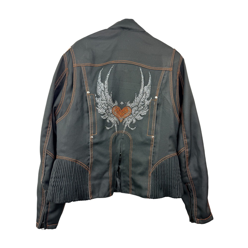 Vance Textiles Womens Mesh Motorcycle Jacket Black Orange Rhinestone Heart Large